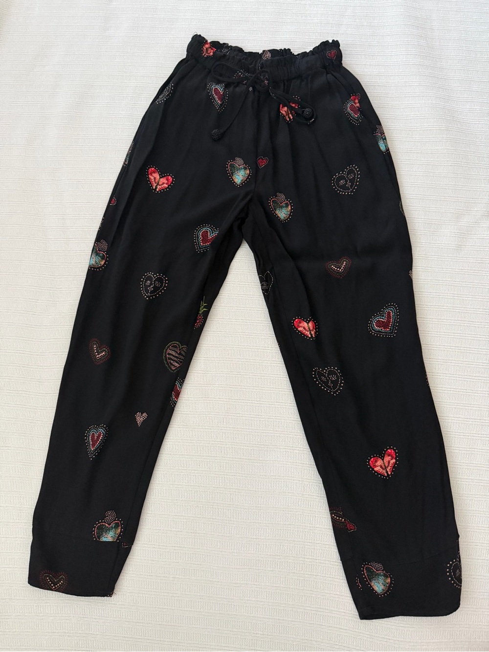FARM Rio for Anthropologie Heart Print Smocked Tapered Pants Black XS Petite
